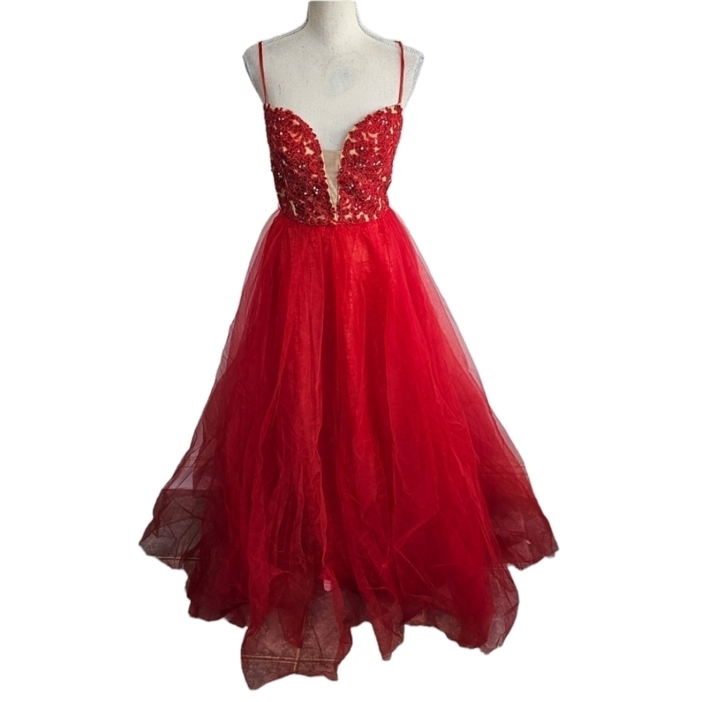 Sherri Hill Red & Nude Tulle Lace Maxi Dress - Picture 3 of 16